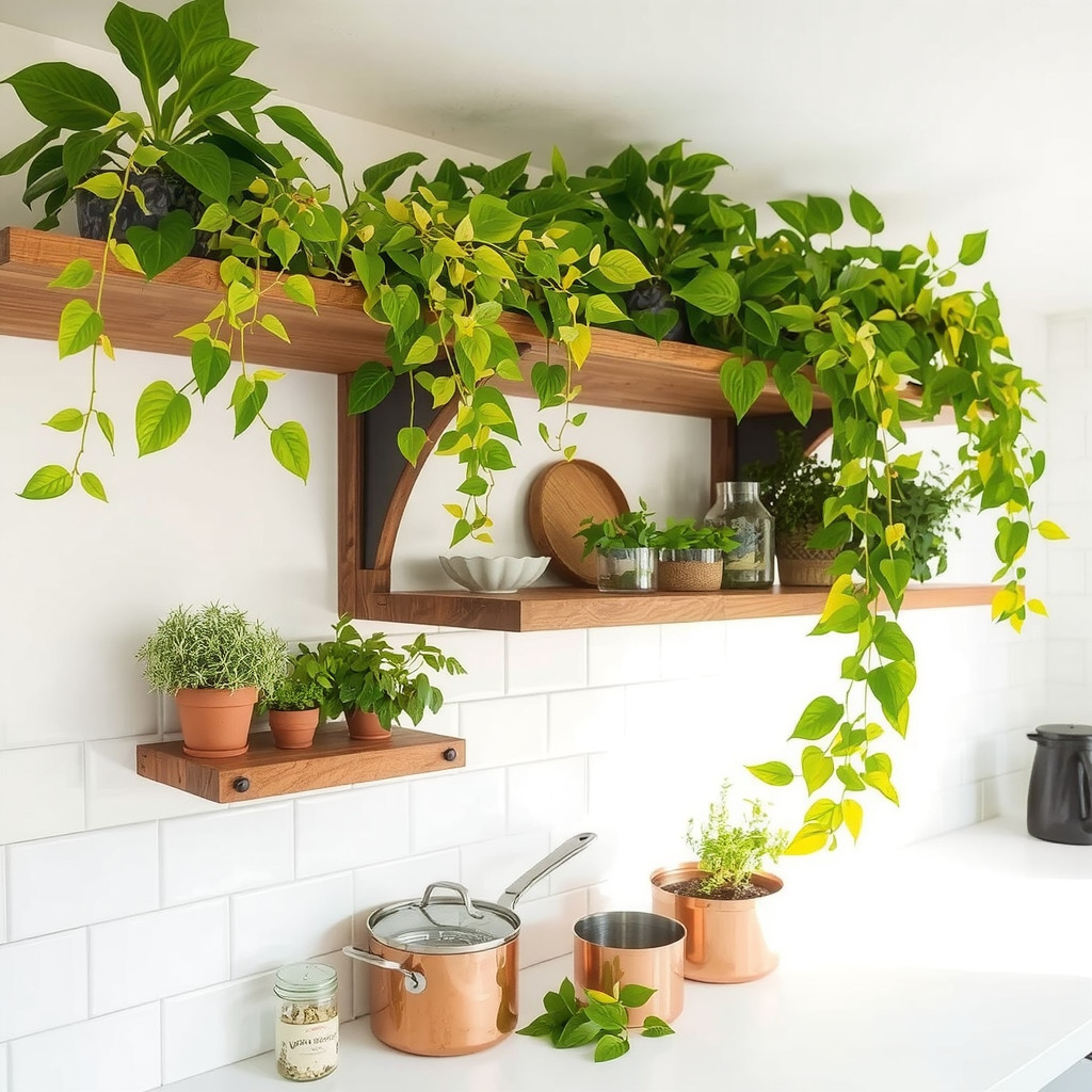 Kitchen shelving with trailing vines