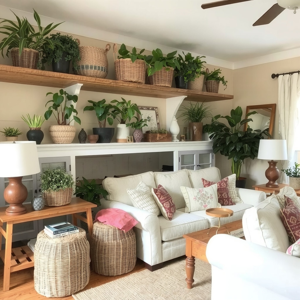 A living room with plants on shelves