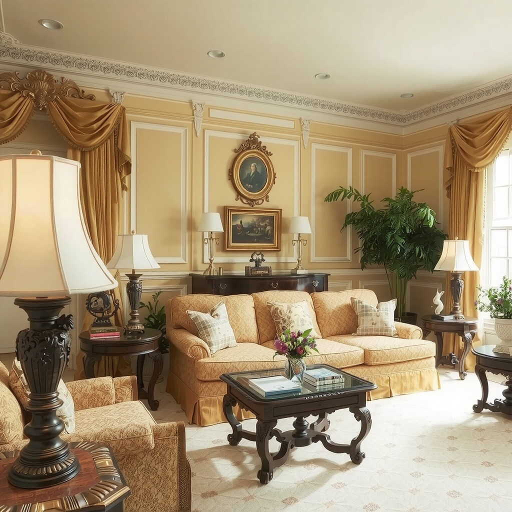 A living room with table lamps and plants