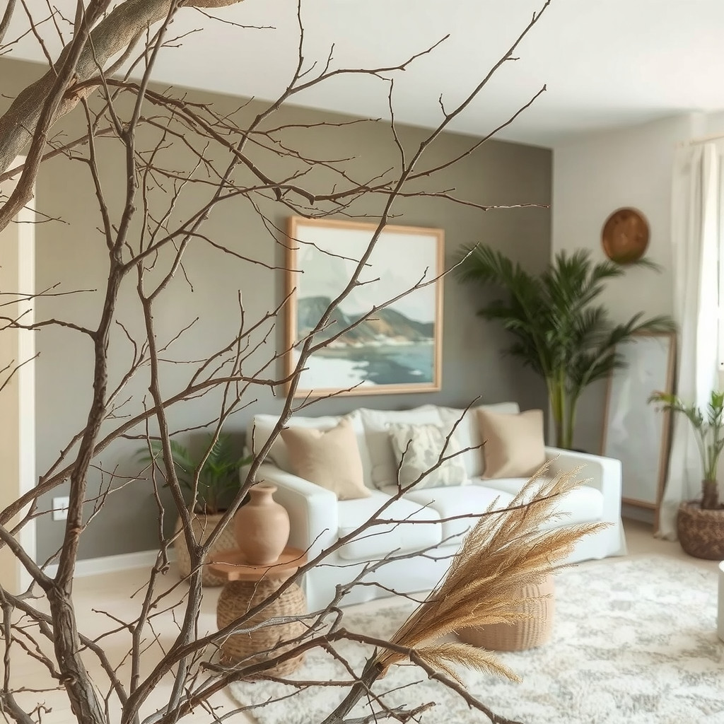 A living room with branches and plants