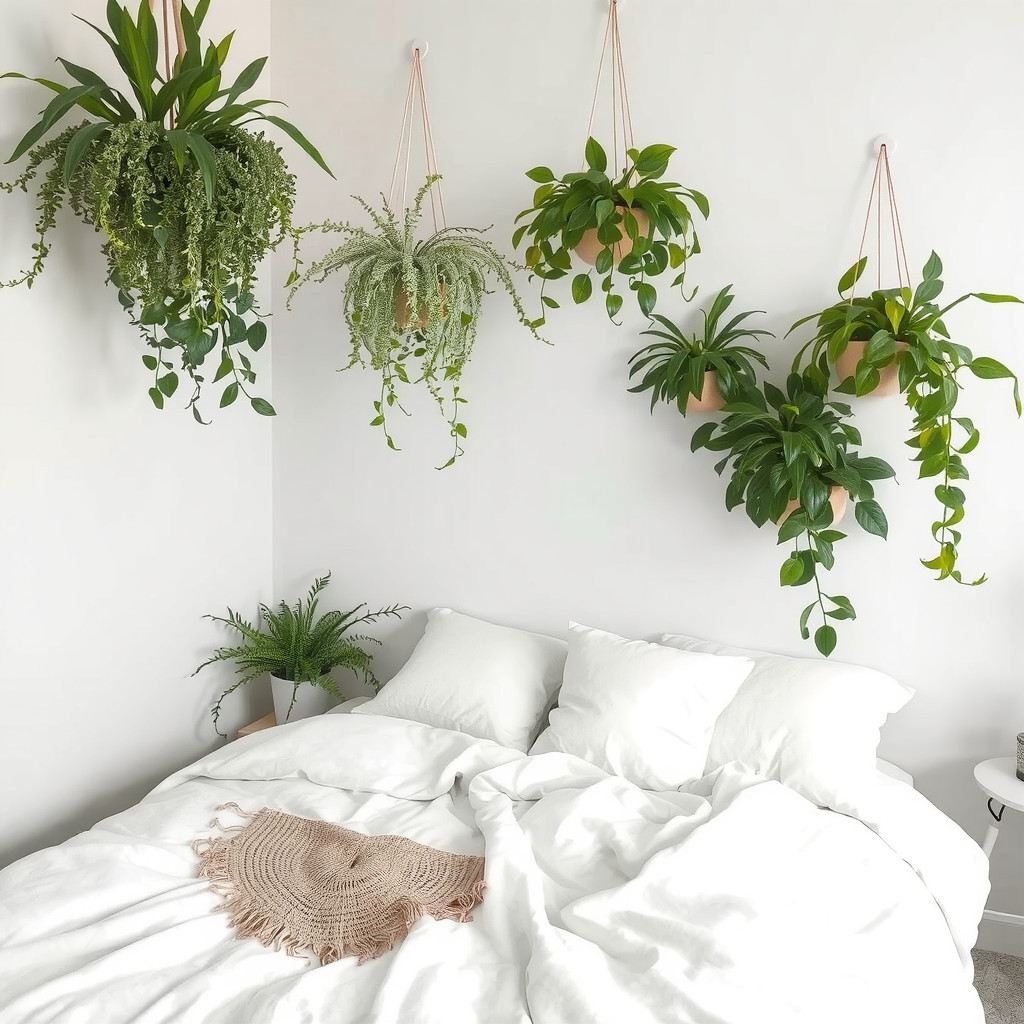 Hanging plants in a bedroom