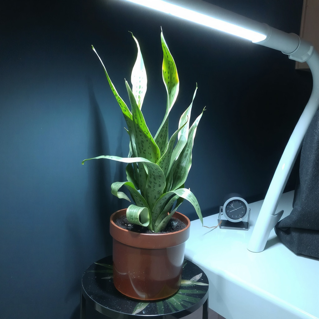 A snake plant under a grow light