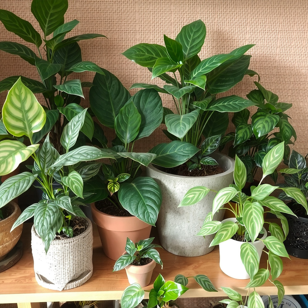 A collection of plants with different leaf patterns