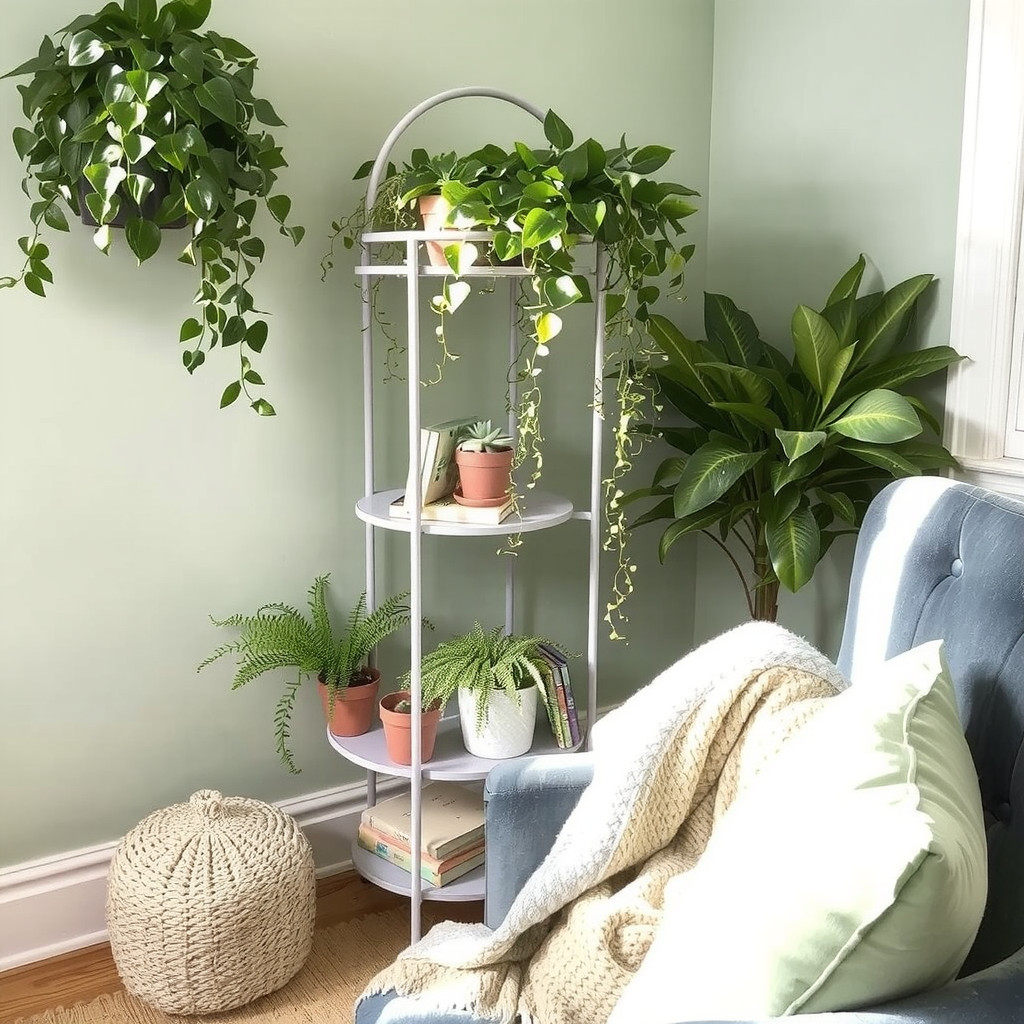 A curated reading nook with a tiered plant stand