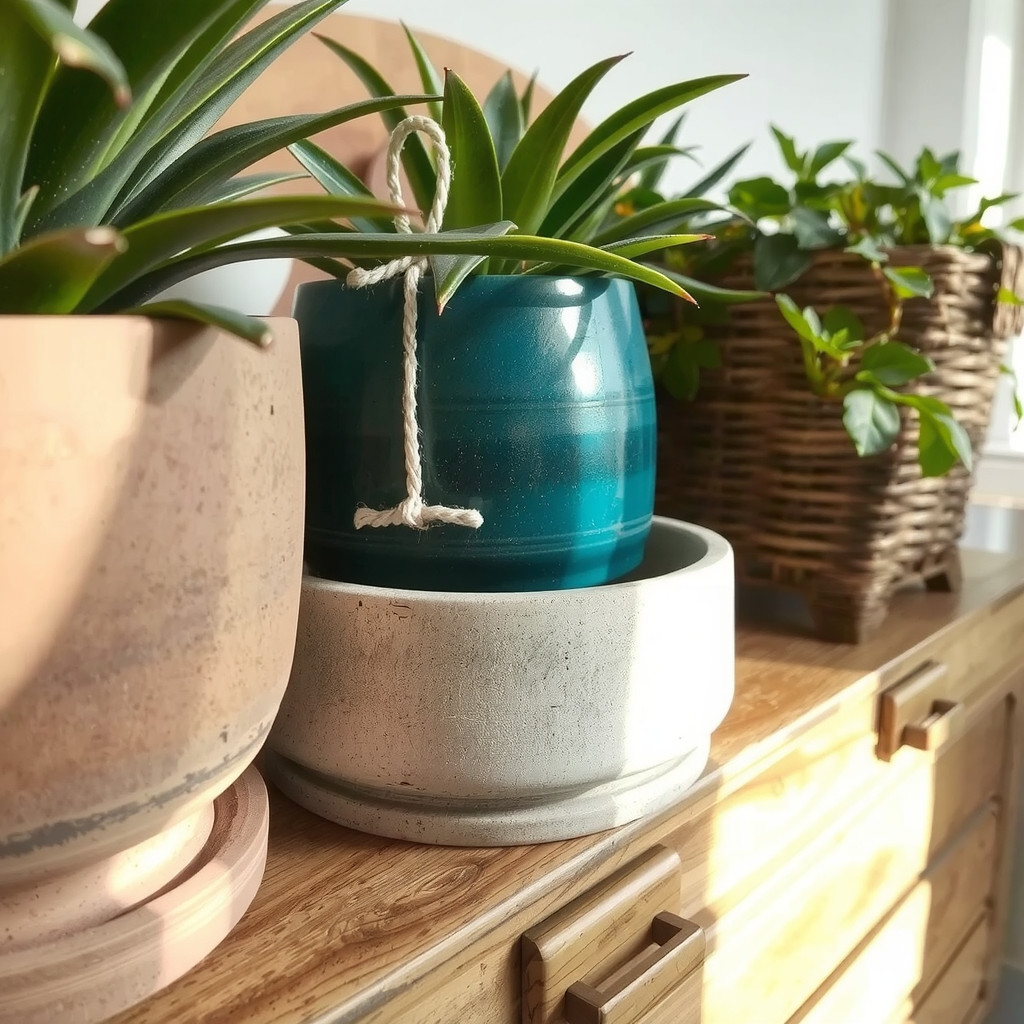 Close-up of varied textured planters on a wooden surface