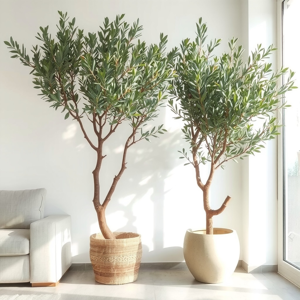 A majestic indoor Olive tree in a minimalist living room