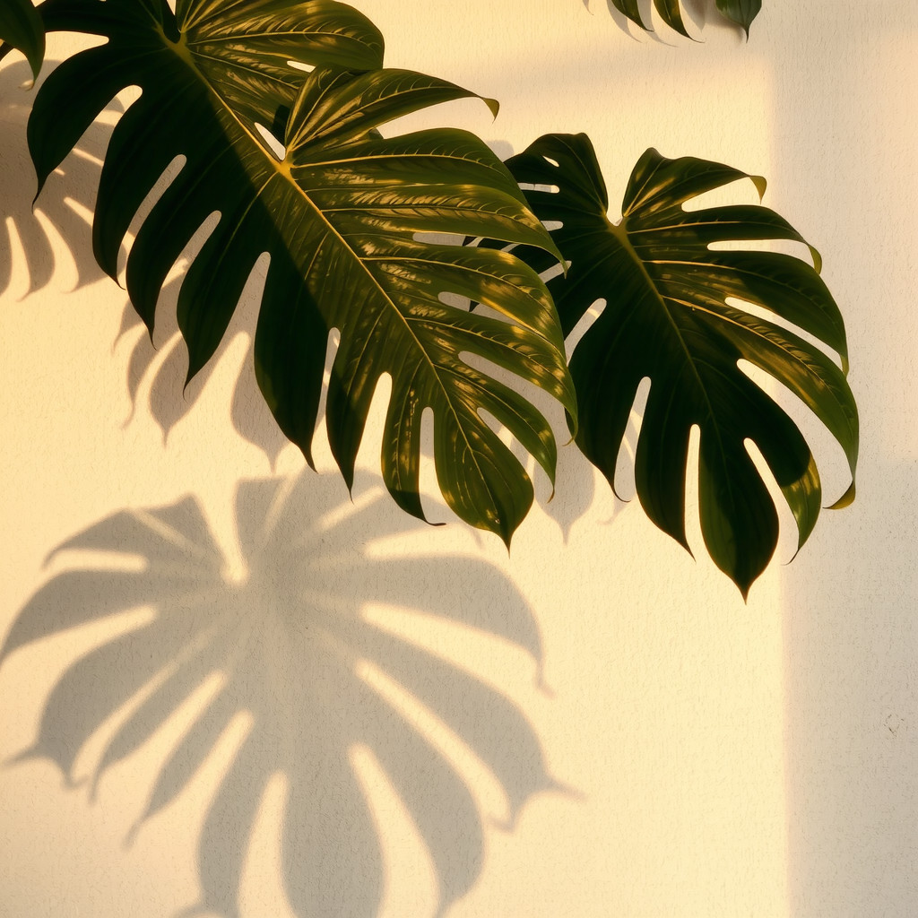 Monstera leaves casting dramatic shadows on a wall