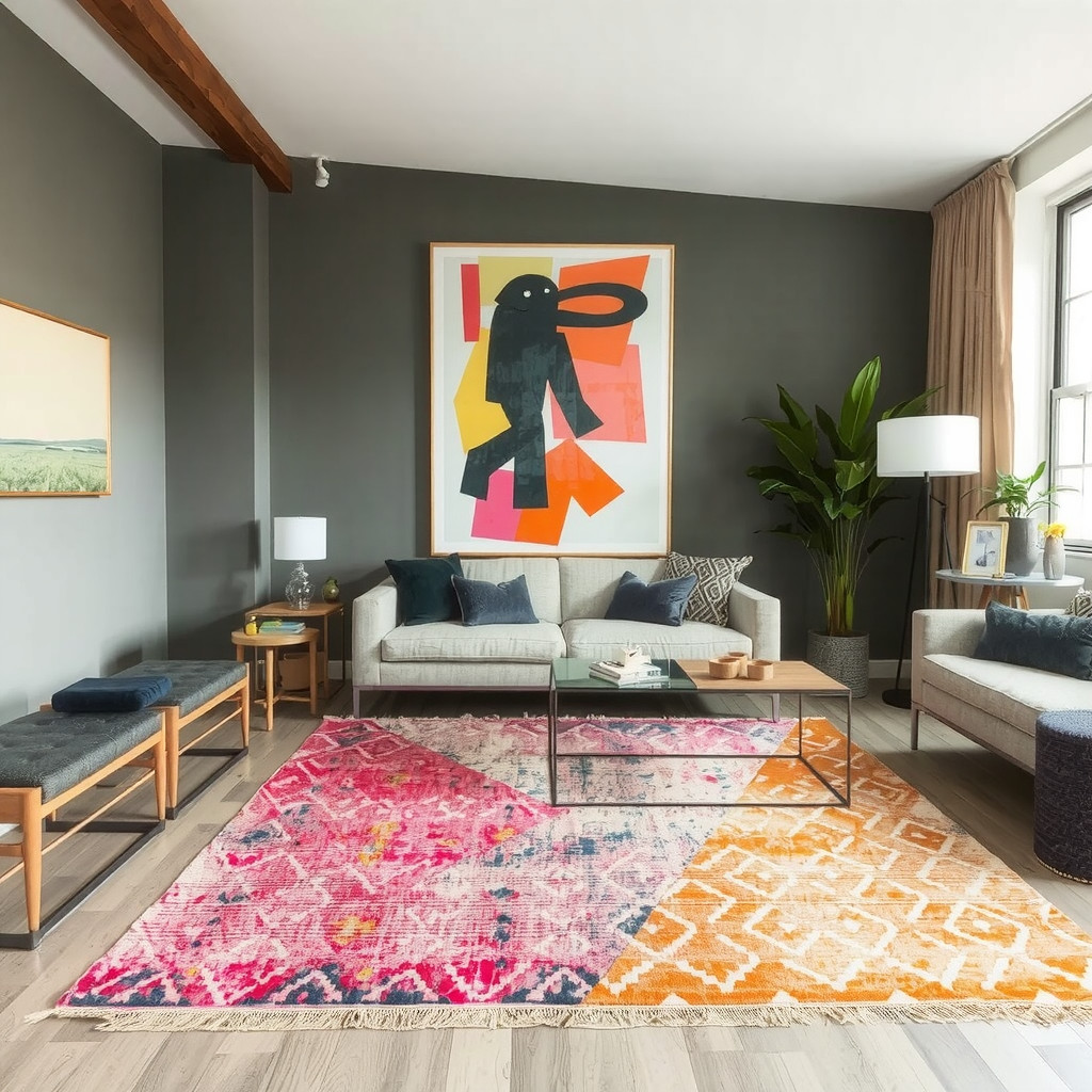 Colorful rug in a living room