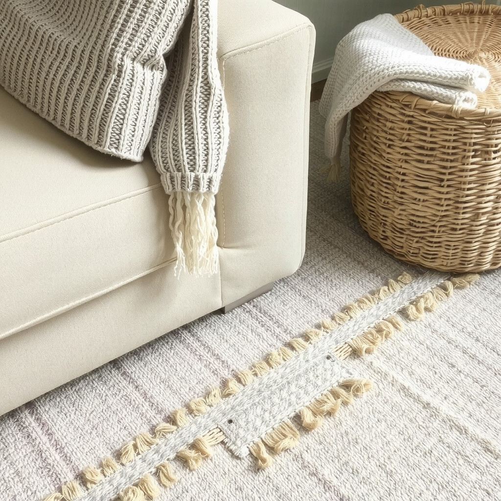 Textiles close-up: linen sofa, woven rug, textured throw