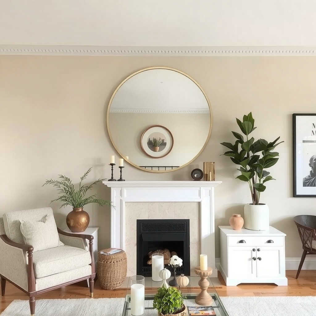 Living room with large round mirror above fireplace