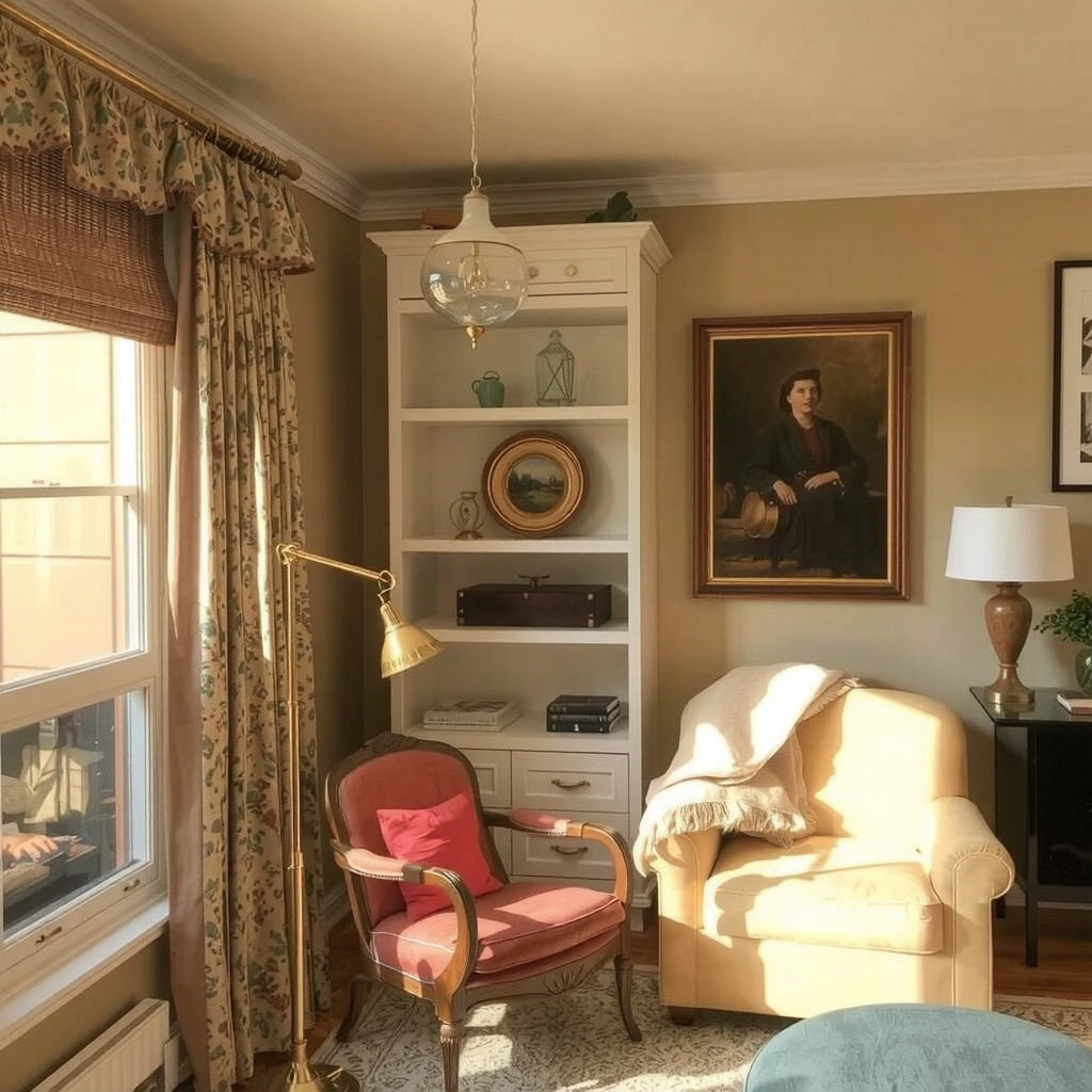 Warm layered lighting: pendant, floor lamp, table lamp