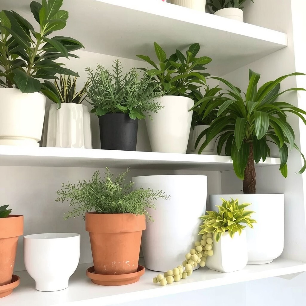 Shelf styling with mixed potted plants and ceramics