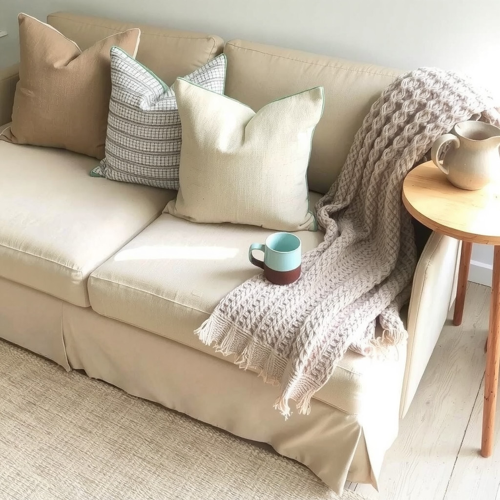 Textured pillows and throws on simple sofa