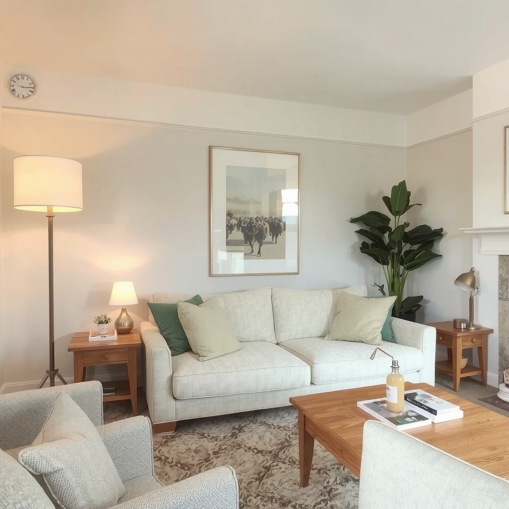 Soft layered lighting in cozy living room