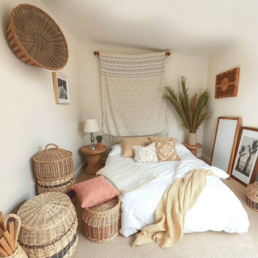 Natural textiles and woven baskets in a bedroom