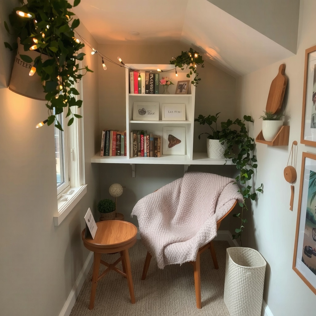 Cozy reading nook with string lights