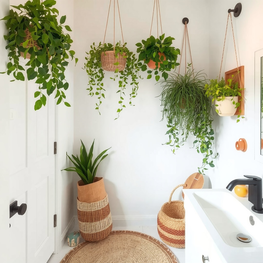 Hanging plants in a bathroom
