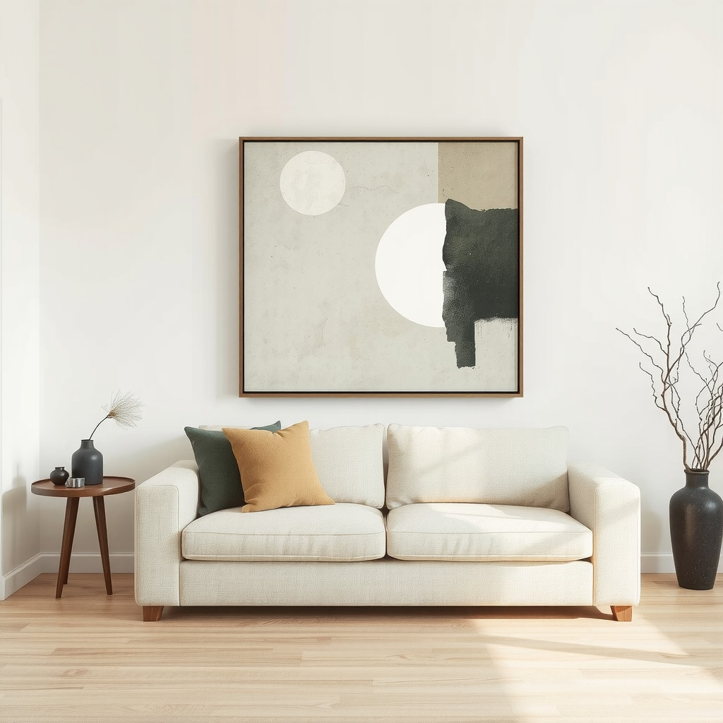 Simple focal wall with art above a compact sofa