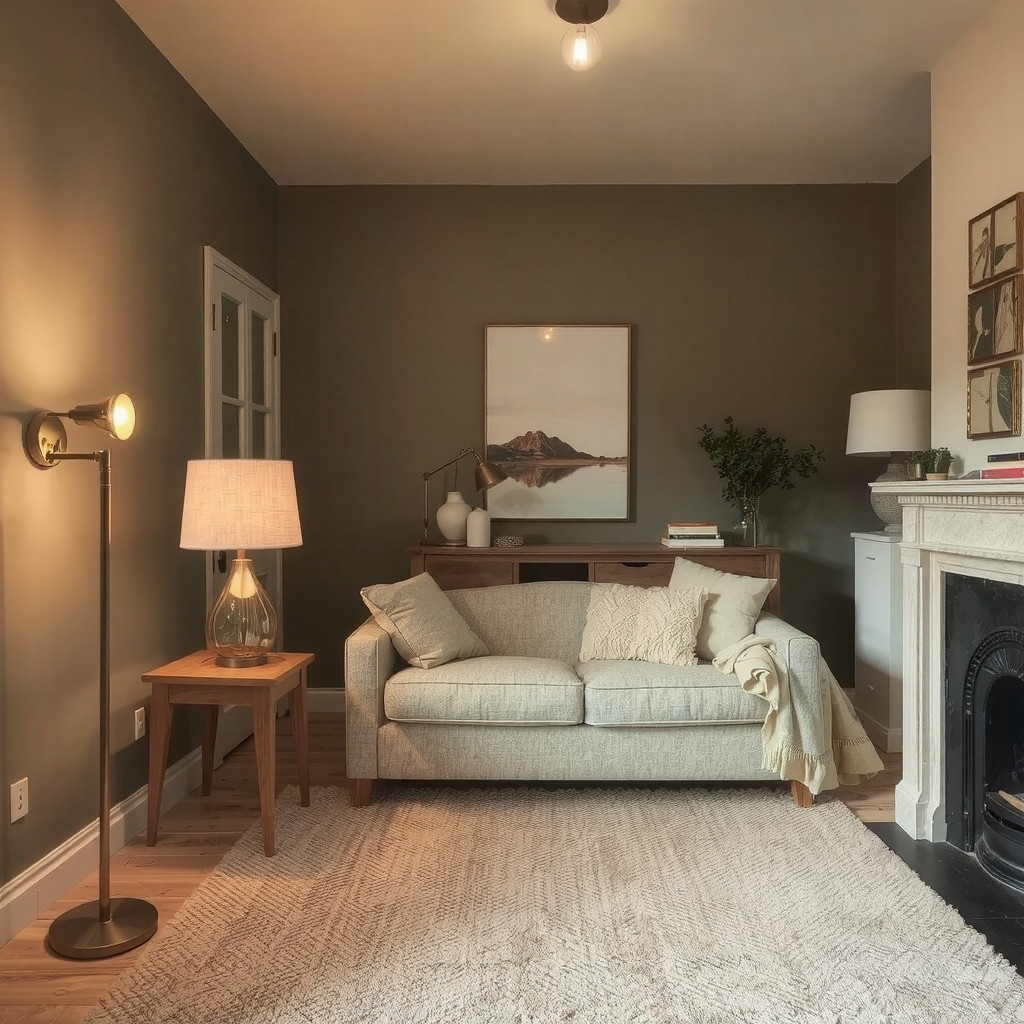 Layered warm lighting in a cozy small sitting area