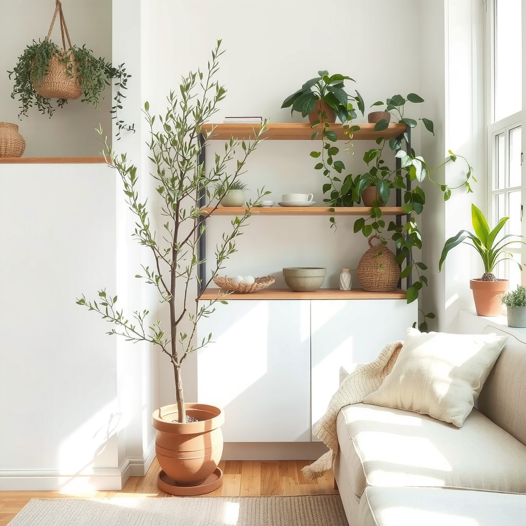 Small living room with curated plants and simple pots