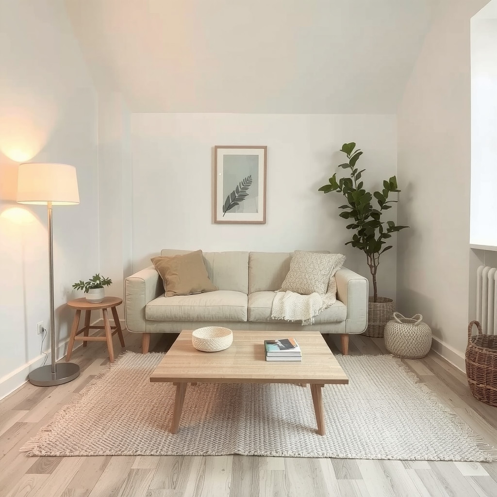 Serene small living room with soft colors and simple styling