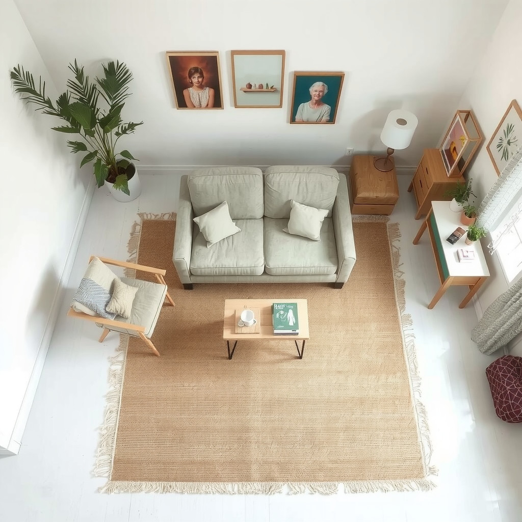 Thrifted rug centering a small seating area