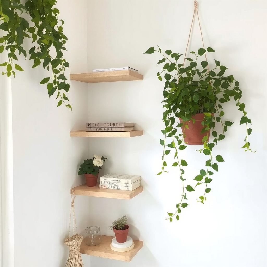 Small potted plant on stacked books beside sofa