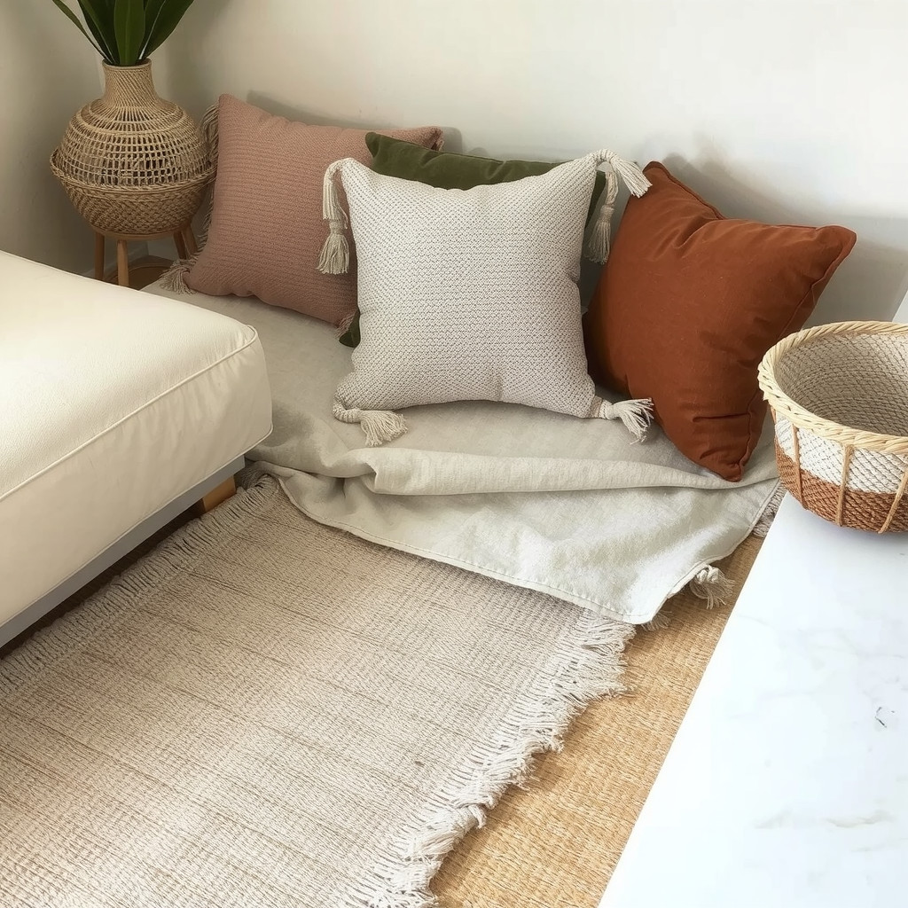 Linen sofa with wool rug and cushions