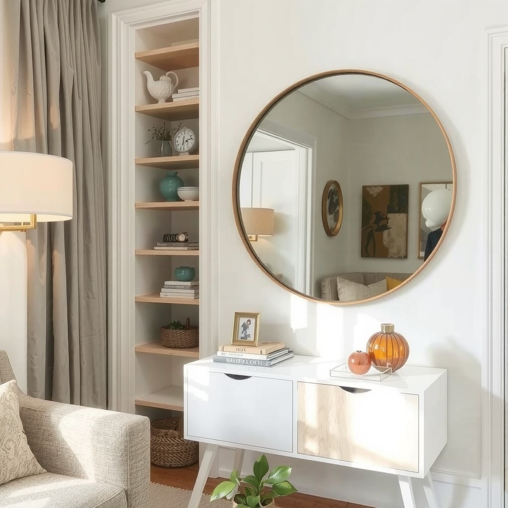 Mirror above slim console and vertical shelving