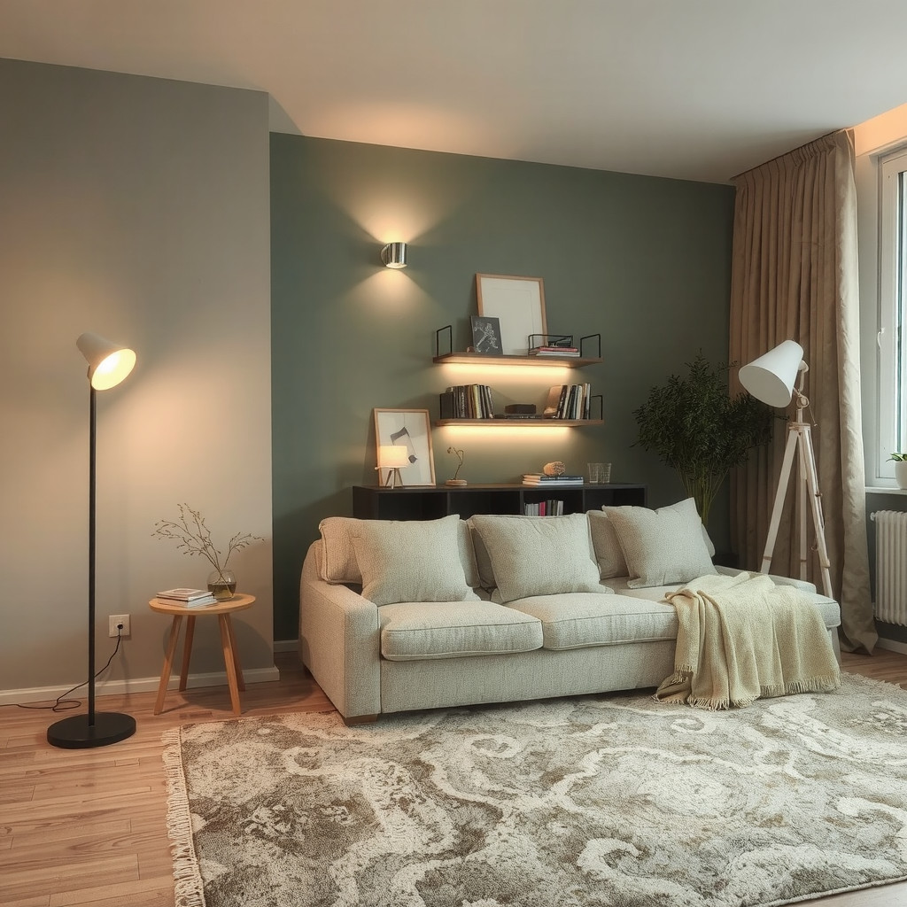 Warm layered lighting with floor lamp and sconces