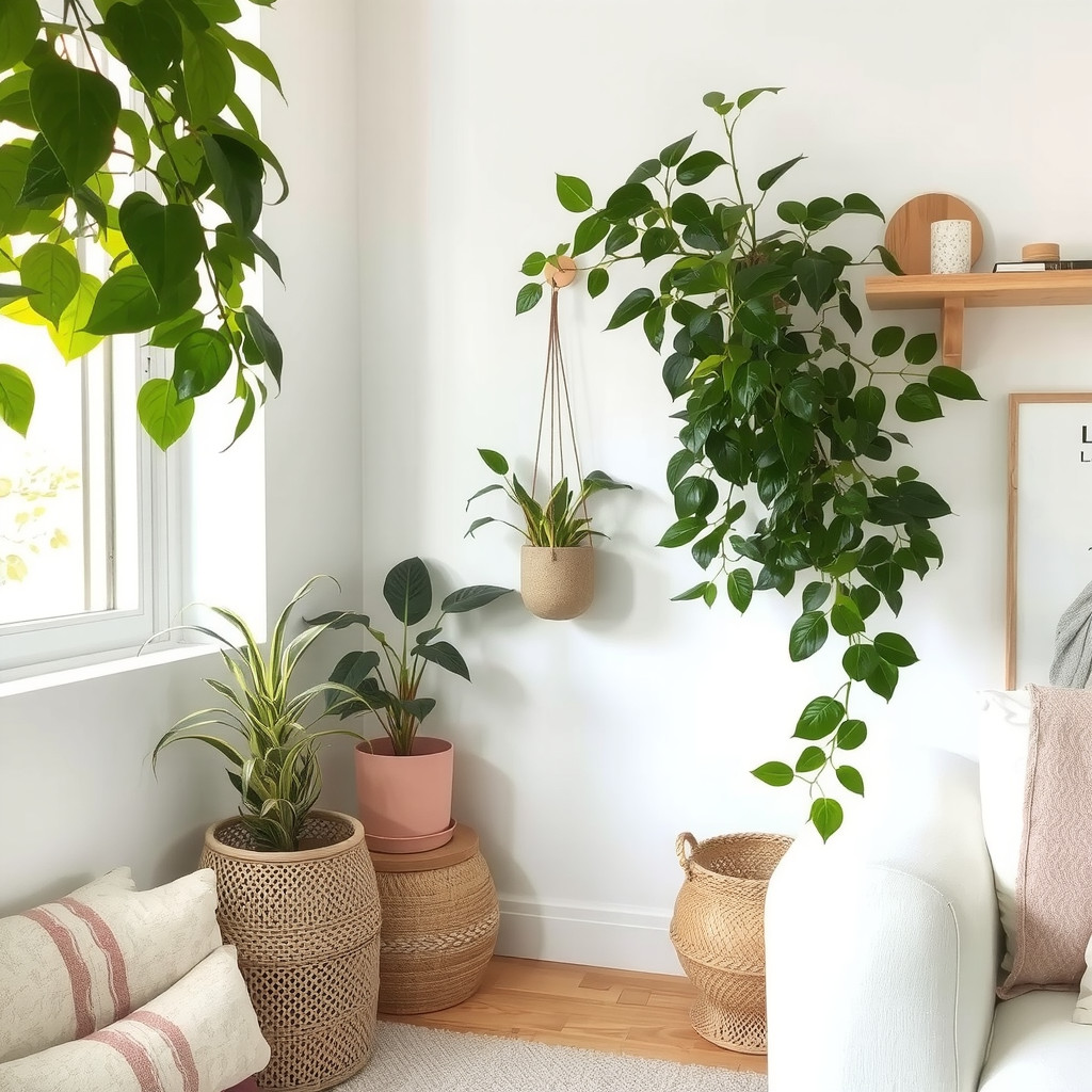 Potted greenery on narrow stand and hanging planter
