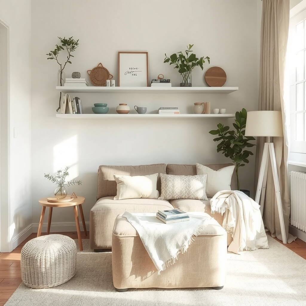 Simple staged corner with clever storage and minimal accessories