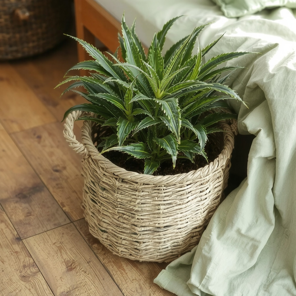 Close up of a woven seagrass planter basket next to linen bedding