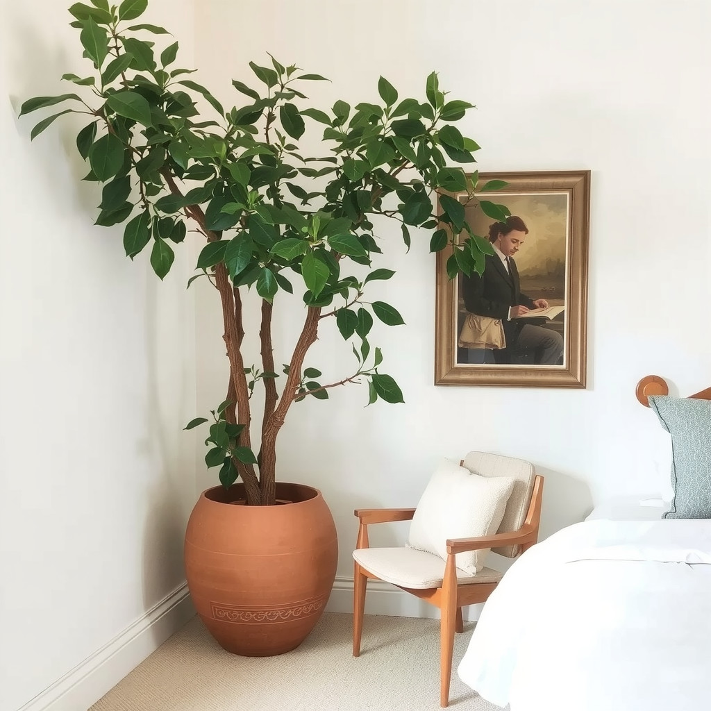 A large Ficus tree in a matte terracotta pot in a bedroom corner
