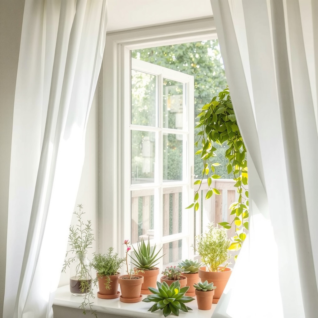 Sheer curtains diffusing sunlight onto plants on a windowsill