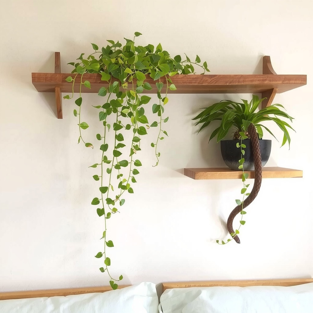 A floating shelf with cascading Pothos and Snake Plant