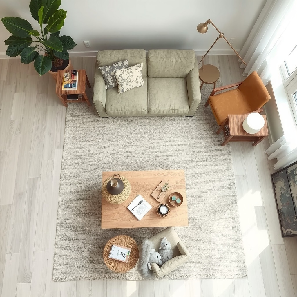 A top-down view of a furniture layout with open pathways