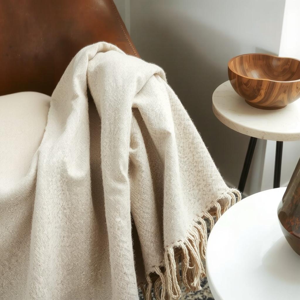 Close-up detail of linen, wood, and stone textures