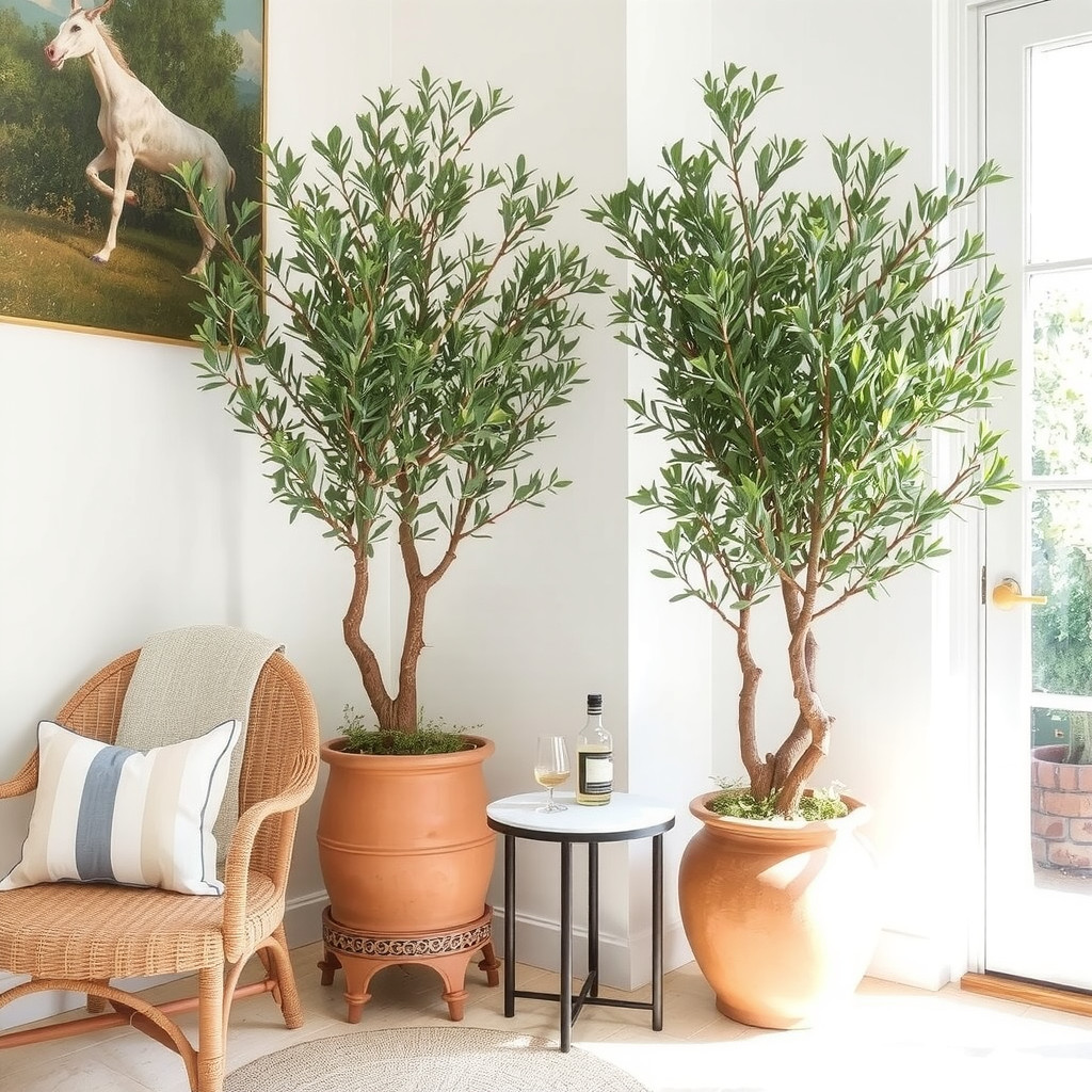 A large olive tree in a terracotta pot in a sunlit corner