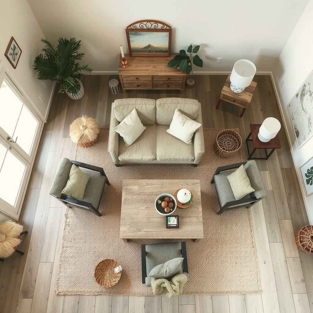 Seating zones in an earthy living room