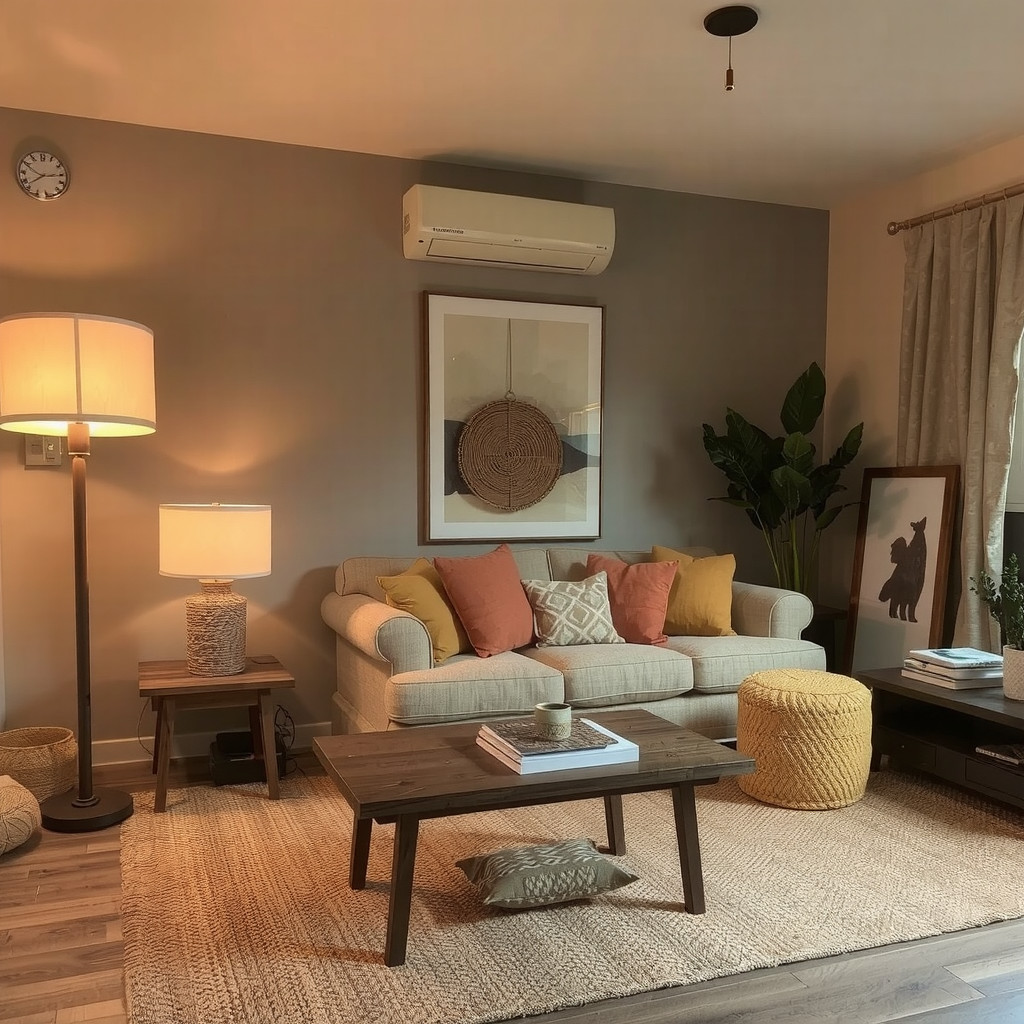 Layered warm lighting in earthy living room