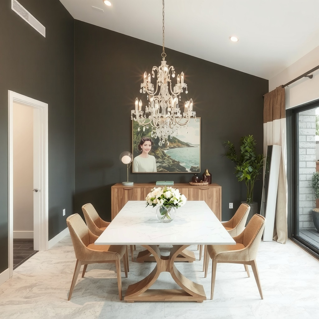 Chandelier above dining table