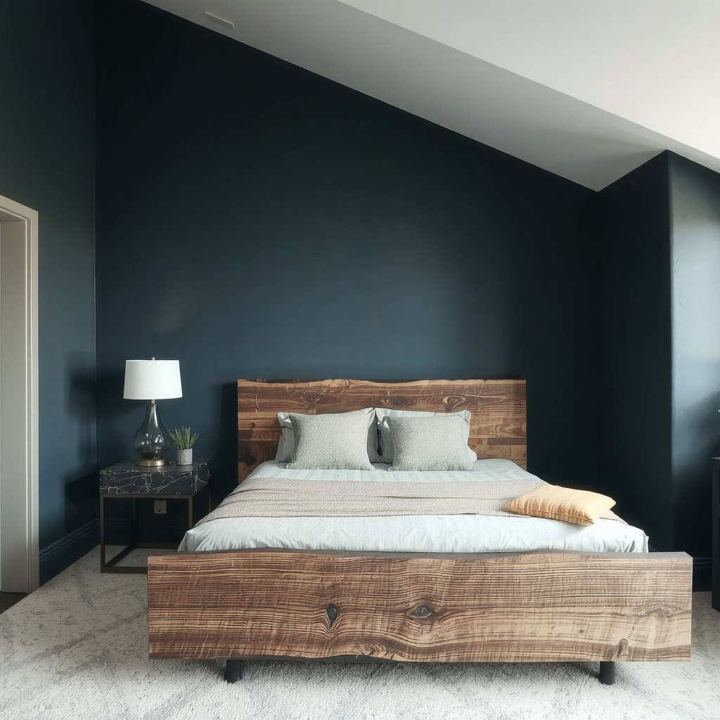 A bedroom with a velvet-upholstered bed against a statement wall and a low-profile nightstand