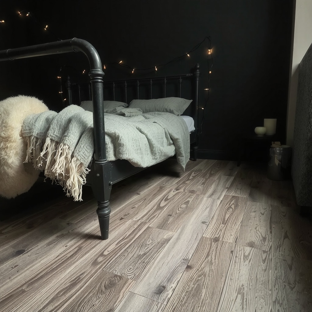 A bedroom with a dark-stained oak floor, a blackened steel bedframe, and a plush wool throw blanket
