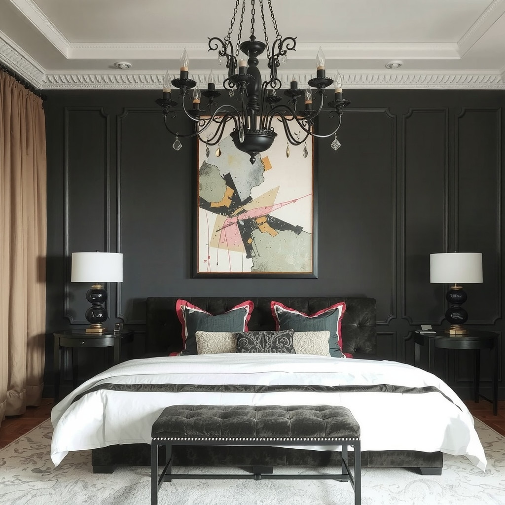 A bedroom with a statement piece of artwork and a show-stopping light fixture