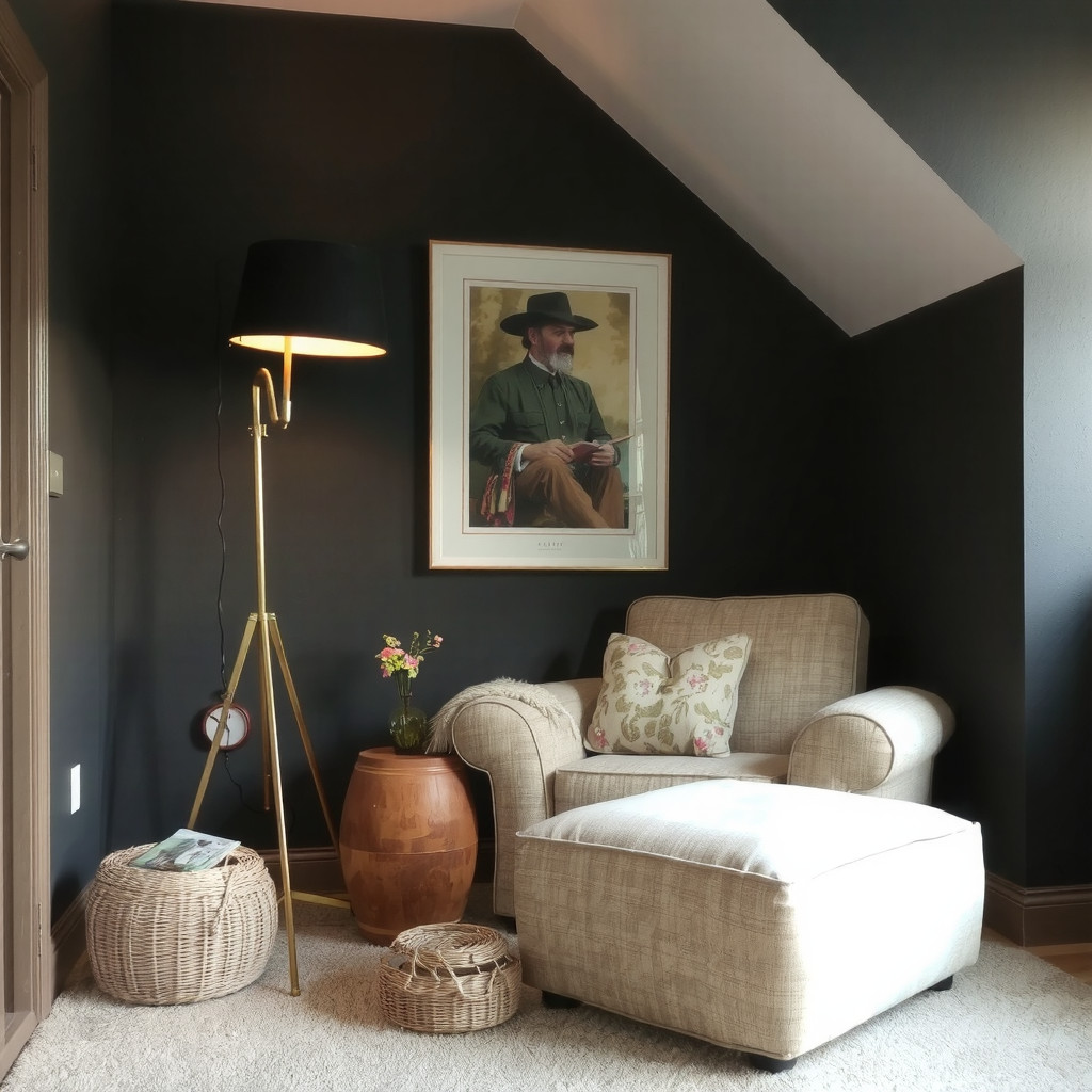 A reading nook with a comfortable armchair, ottoman, and floor lamp