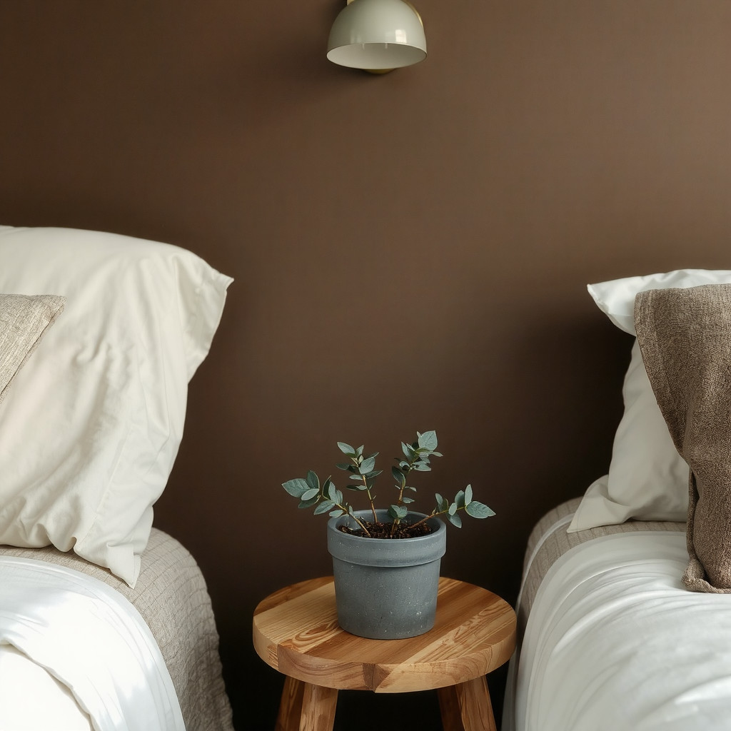 A bedside table with a small potted plant and a bedside lamp