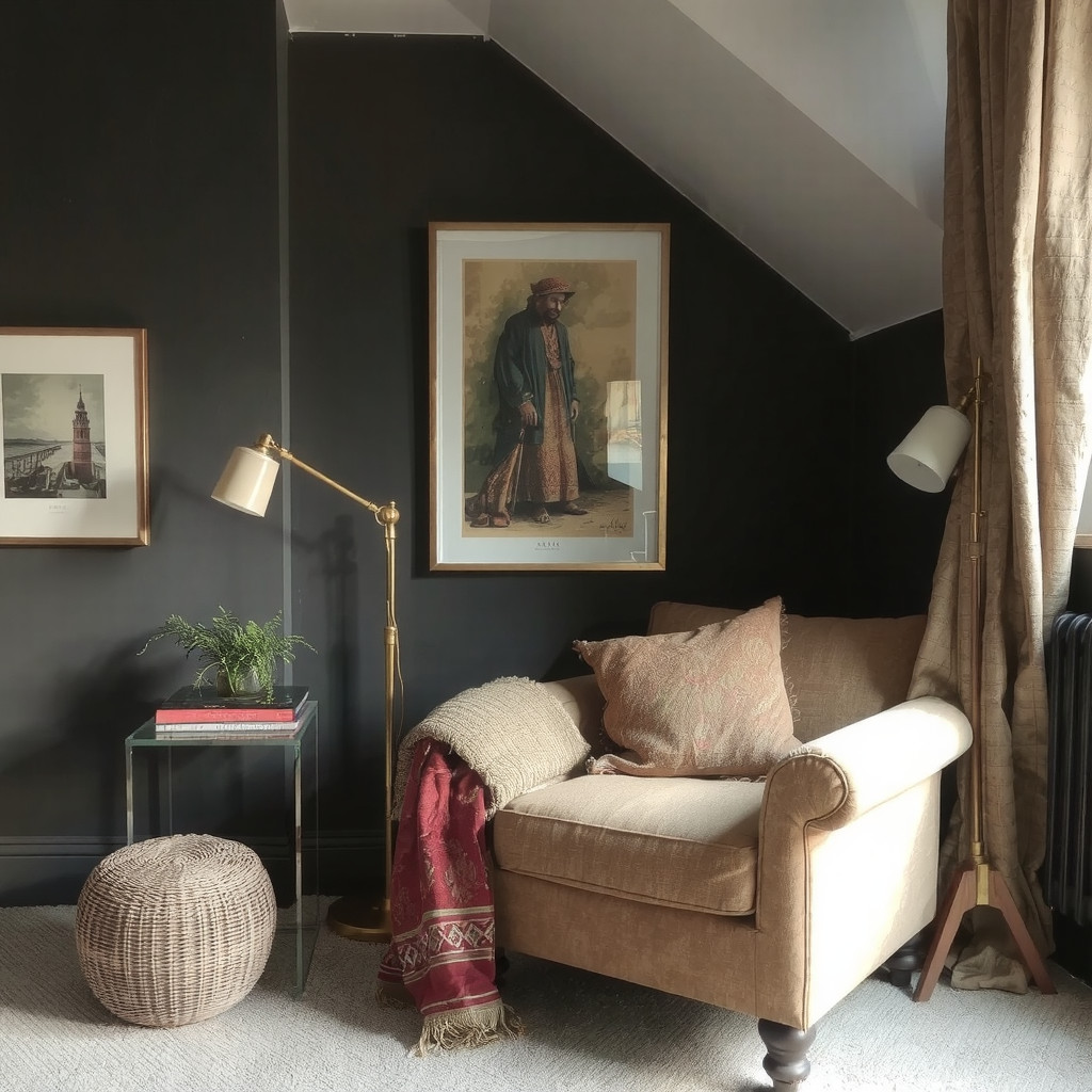 A corner with a chair and floor lamp