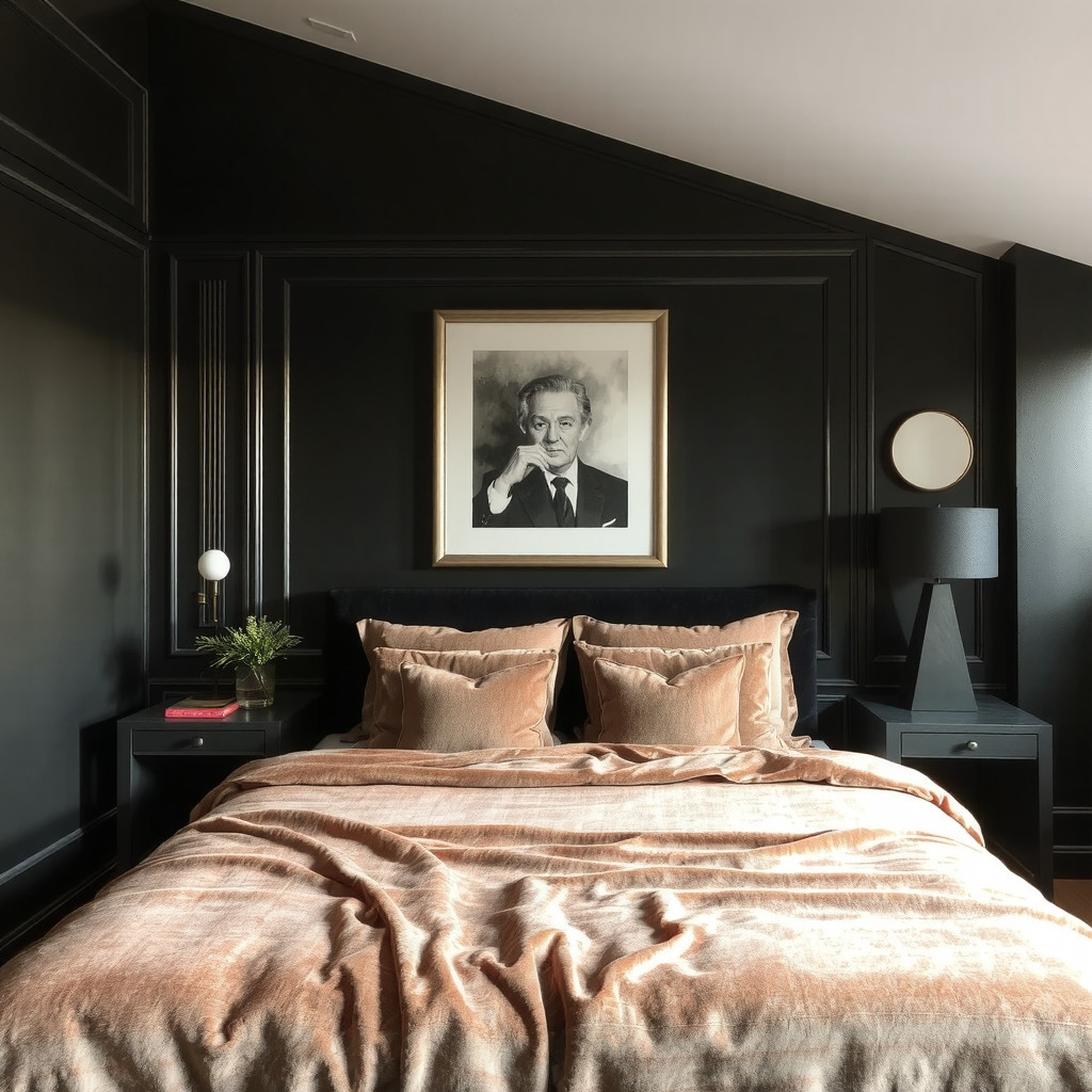 Bed with velvet bedding and dark wood