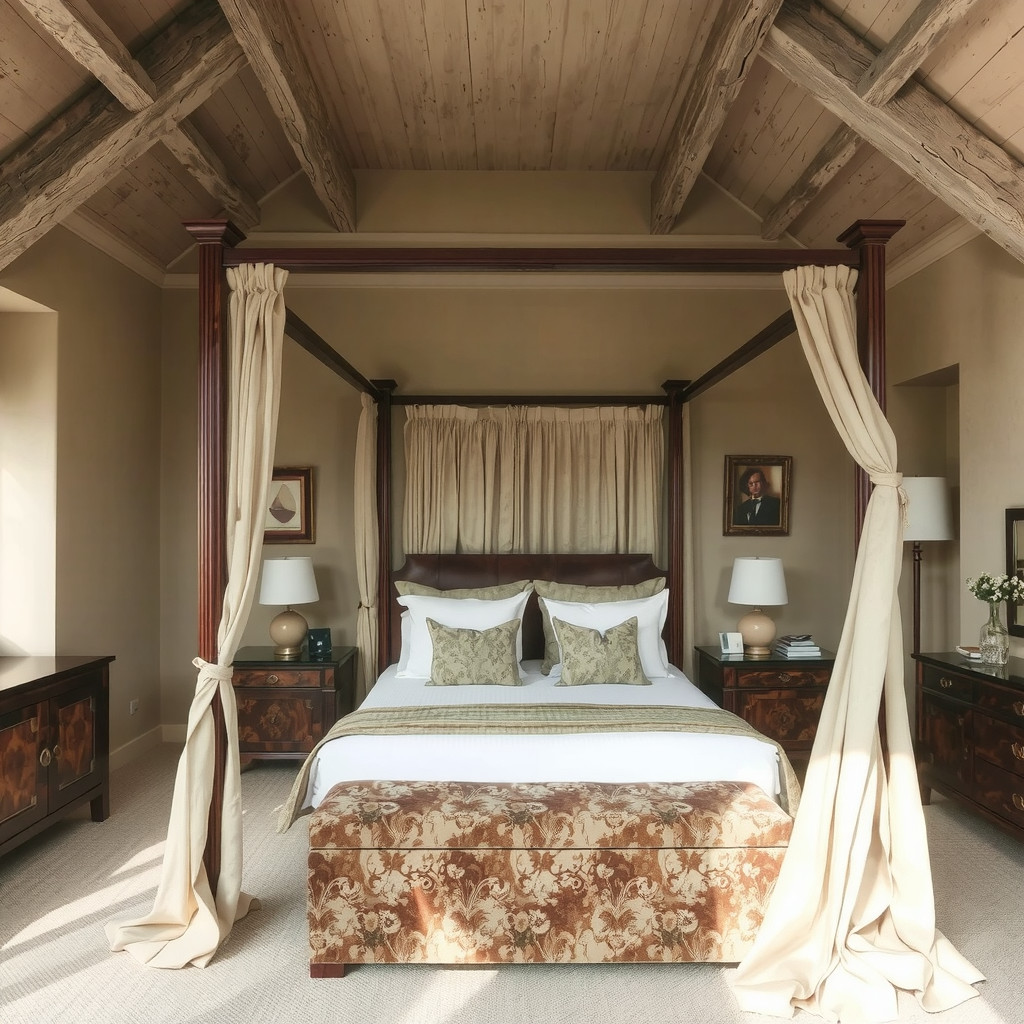 Four-poster bed with draped curtains
